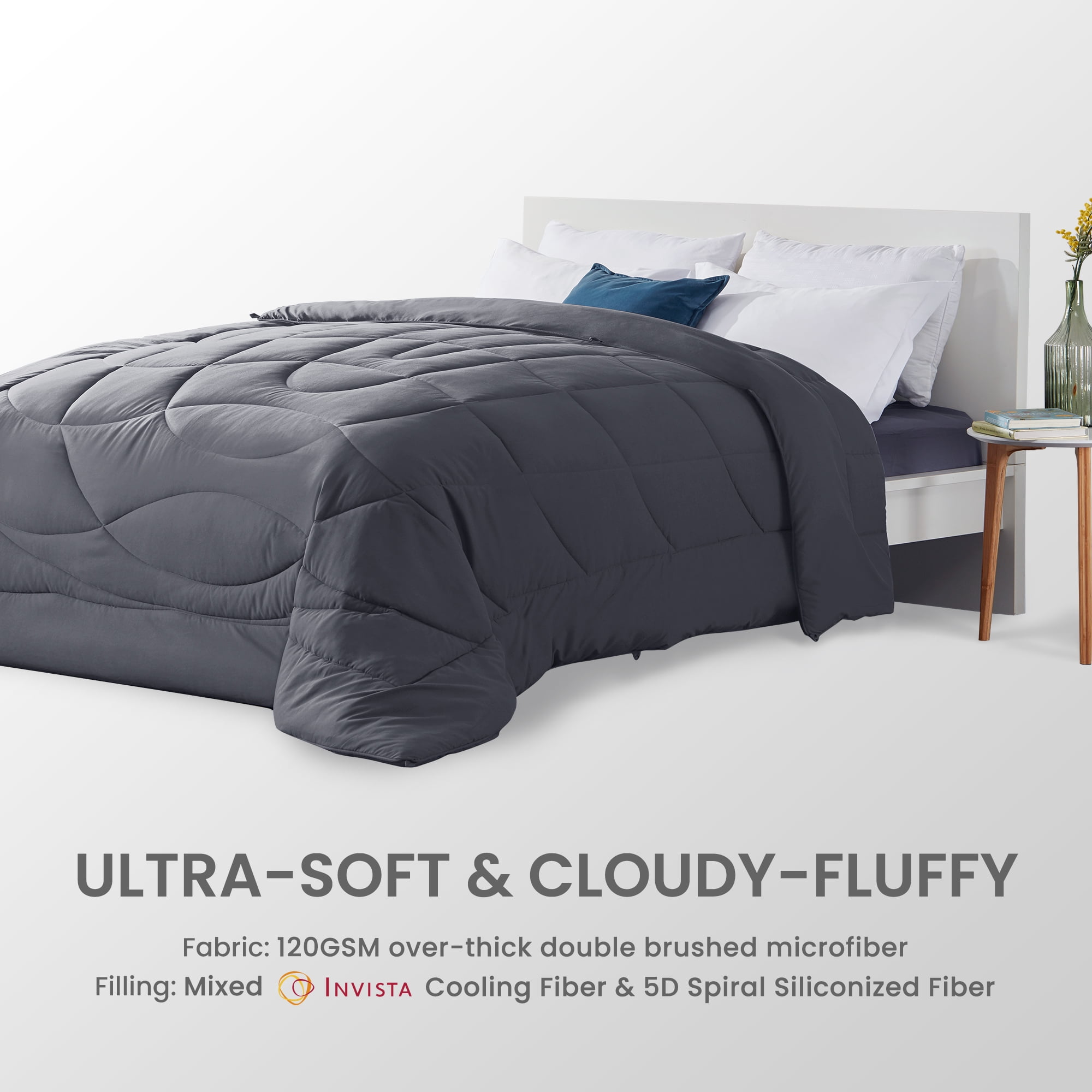 Sleep Zone Queen Comforter Duvet Insert, Down Alternative Reversible Comforter, Lightweight, Soft and Breathable Bedding All Season, Dark Grey