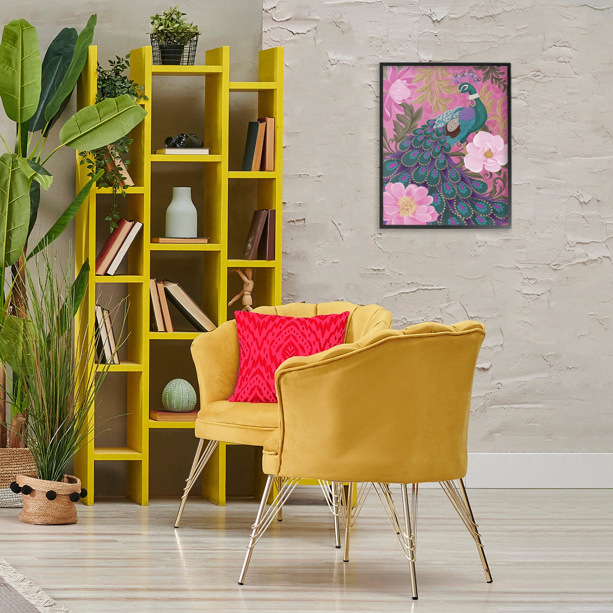 Stupell Industries Peacock & Pink Blossoms Animals & Insects Painting Black Framed Art Print Wall Art, 16 x 20
