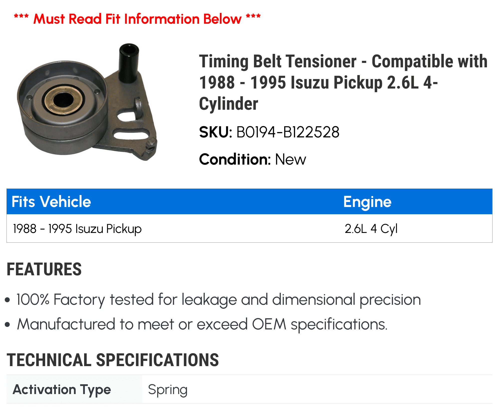 Timing Belt Tensioner - Compatible with 1988 - 1995 Isuzu Pickup 2.6L 4-Cylinder 1989 1990 1991 1992 1993 1994