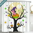 thumbnail image 1 of Whimsical Halloween Shower Curtain - Cartoon Witch on with Moon & Stars, 1 of 5