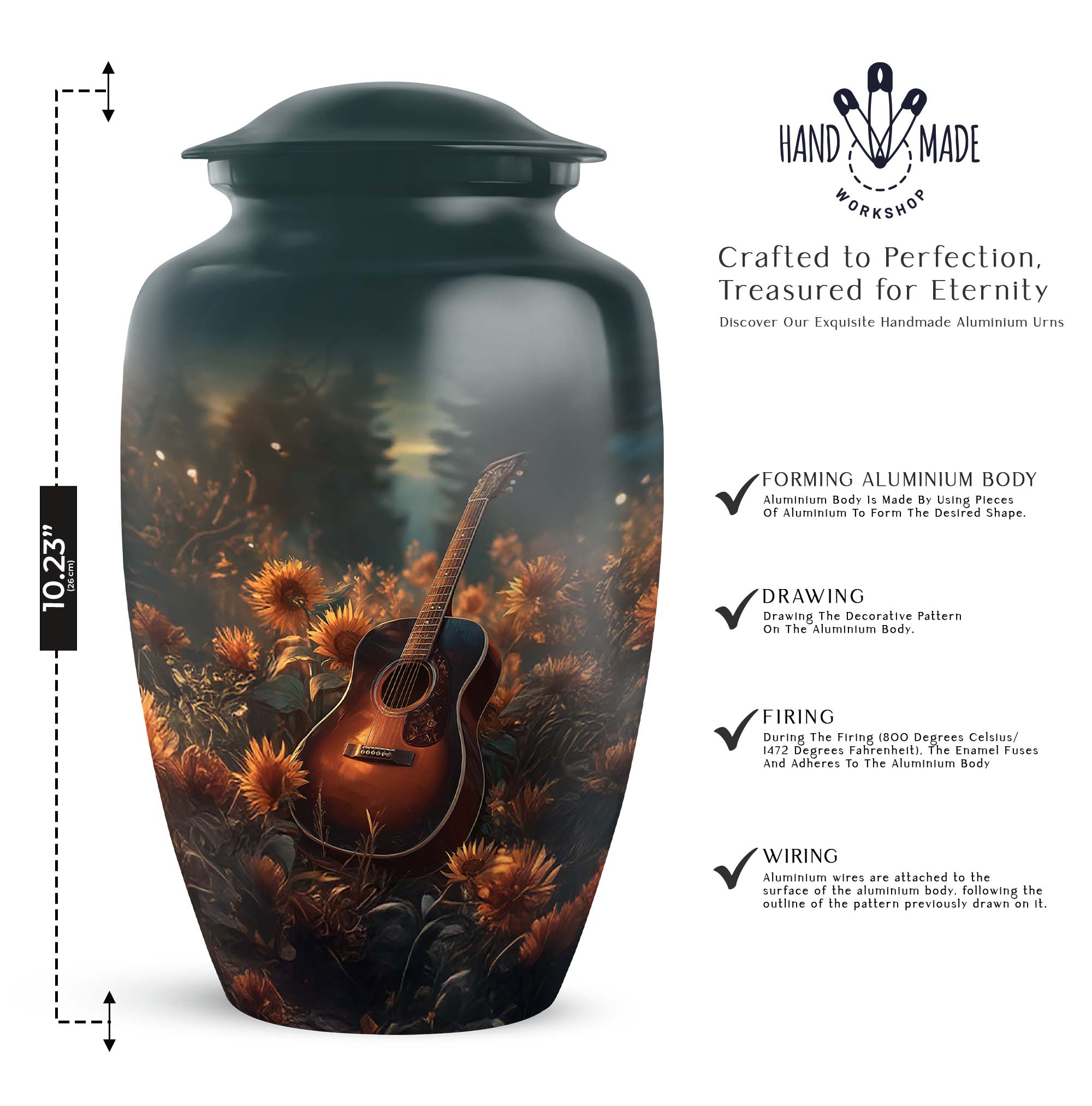 Guitar Funeral Urns For Human Ashes Adult Mom And Dad - Green Cremation Urn For Human Ashes Adult Female And Male - Sunflower Keepsake Urns For Grandmother 10 Inch, 1 Large & Mini Set 4, 3 Inch