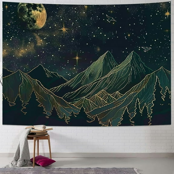 Shiartex Mountain Wall Tapestry for Bedroom, Green Forest Moon Trees Starry Night Room Decor Tapestry, Gold Nature Stars Landscape Tapestries Aesthetic Poster for Living Room Dorm Office