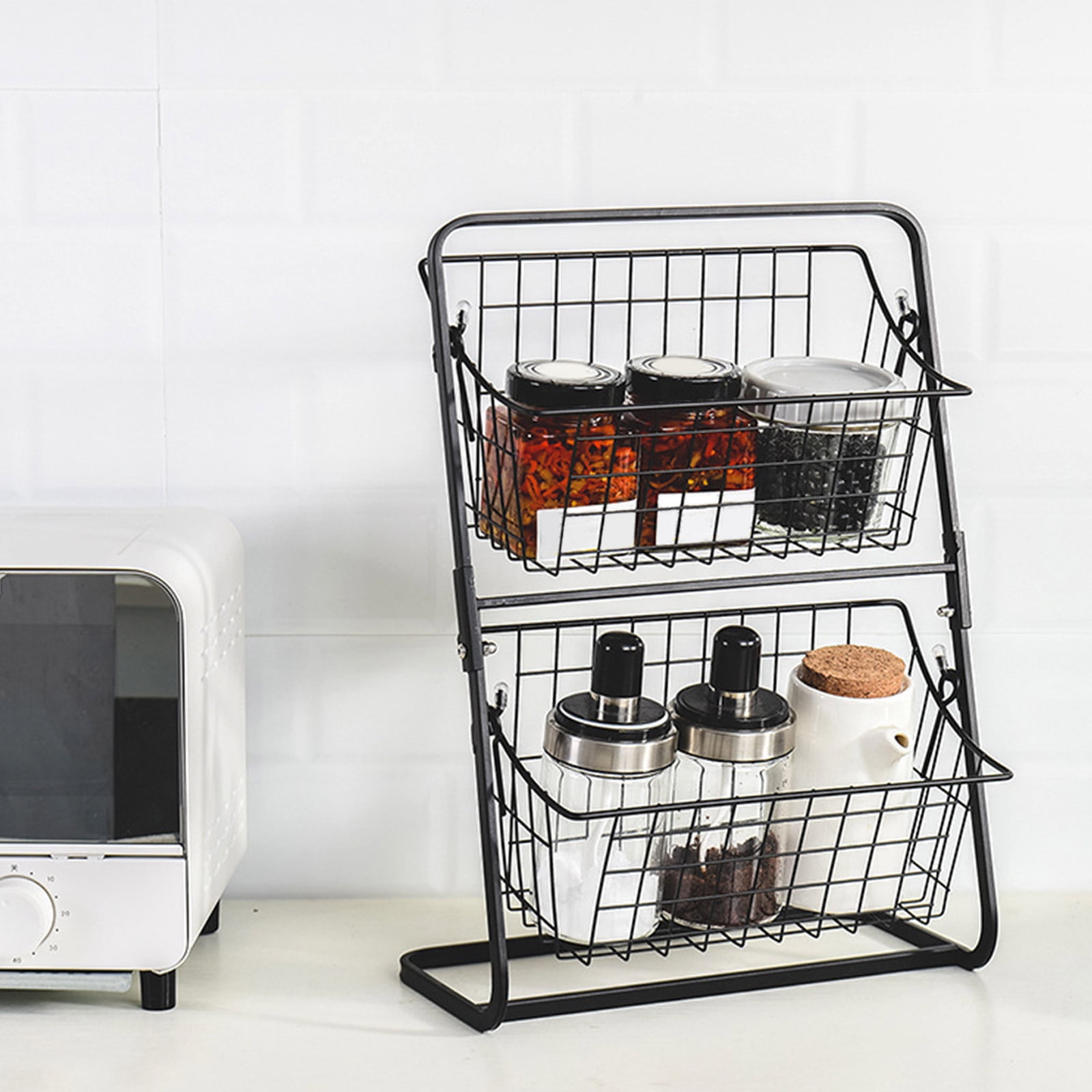 Miogawg 2-Tier Metal Market Basket, Sturdy Stacked Countertop Storage, Black Wire Frame Design, Fruit Basket, Bread Basket Vegetable Holder Storage Stand