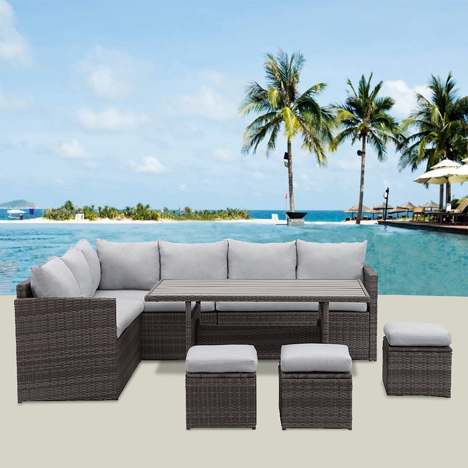 Heynemo 7 Piece Outdoor Conversation Set All Weather Wicker Sectional Sofa Set with Dining Table and Ottoman,Grey