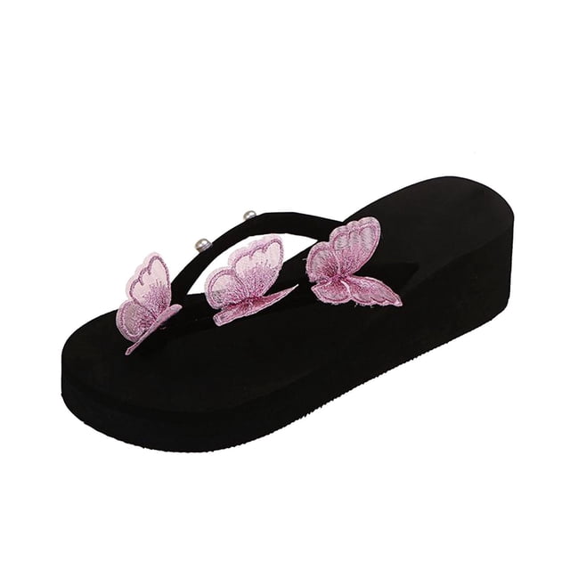 yulier Sandales Compensées à Plateforme pour Femmes, Sandales de Plage à Bride en T, Sandales Papillon, Sandales de Plage pour Femmes, Mules Décontractées (Rose)