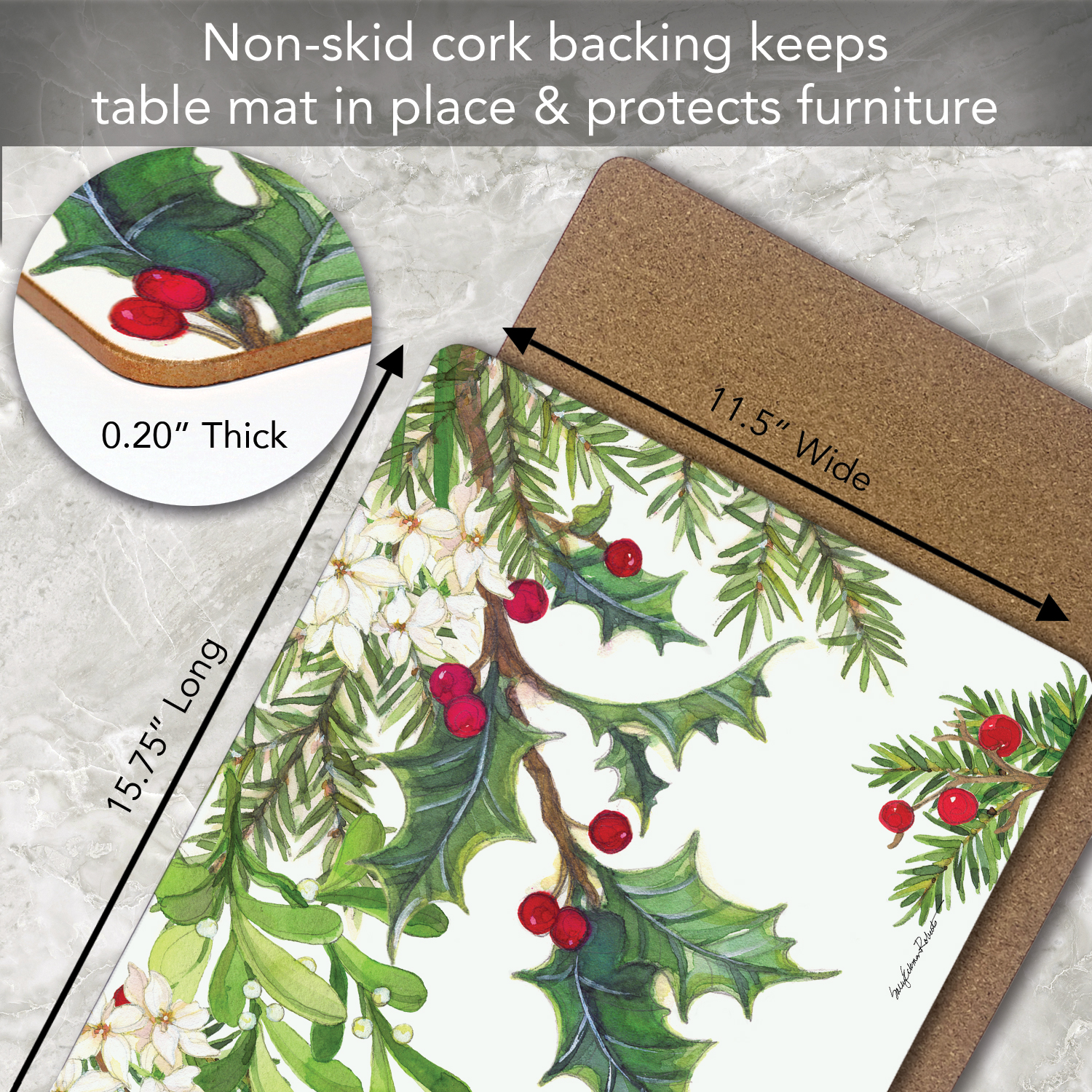Cala Home "Balsam & Berries" Premium Decorative Hardboard Cork Back Tabletop Placemats 4 Pack