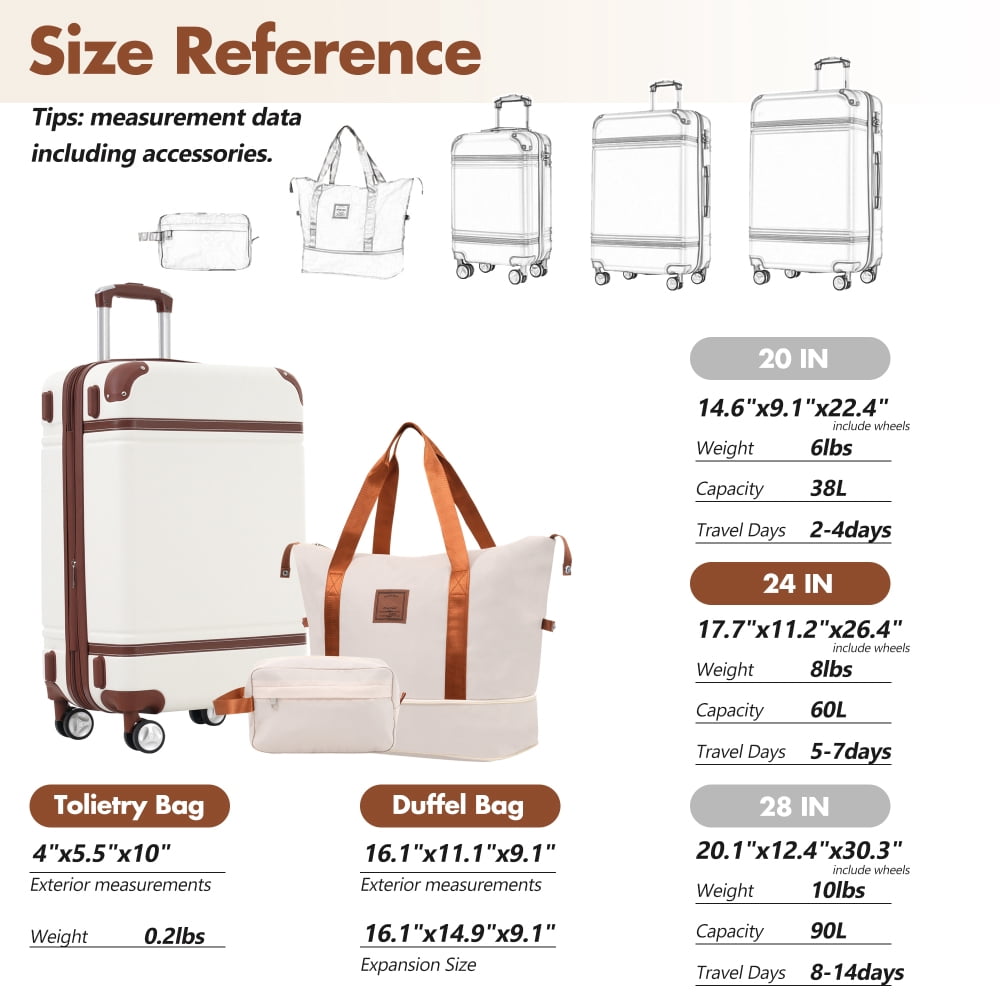 HomePerch 24" Hardshell Luggage Set with TSA Lock, Lightweight Suitcase with Double Spinner Wheels, Vintage Hard Shell Carry-On Cabin Luggage (17.7"×11.2"×26.4"), Airline Approved