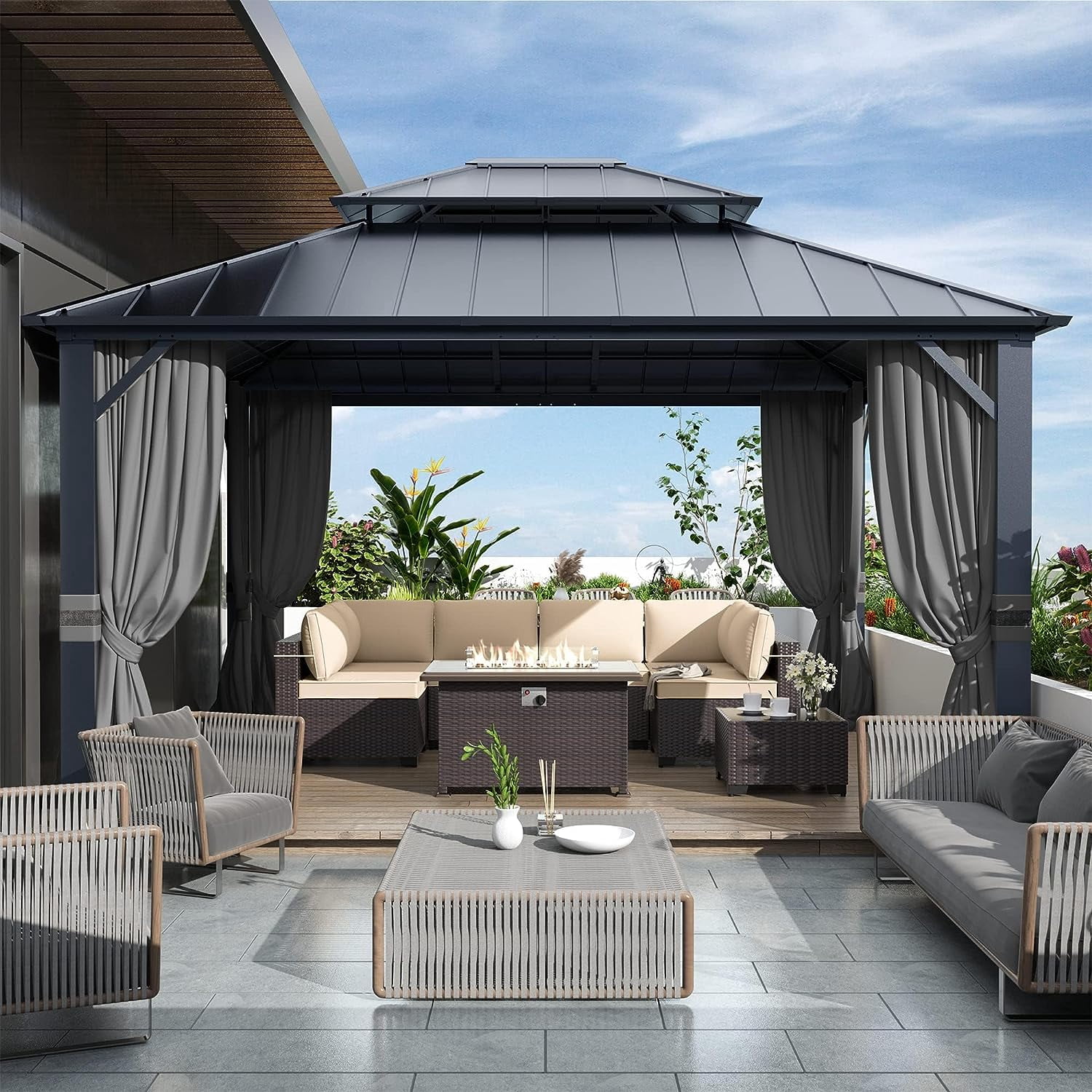 Kullavik 12'x14' Hardtop Gazebo, Outdoor Double Roof Canopy with Netting and Curtains, Galvanized Metal Frame, Sunshade for Patio, Backyard, Deck and Lawns-Gray