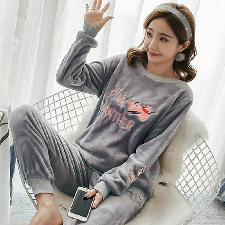 

Autumn Winter Warm Flannel Women Pyjamas Sets Thick Coral Velvet Long Sleeve Cartoon Sleepwear Thin Flannel Pajamas Set