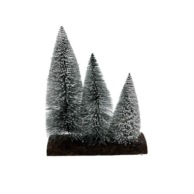 Árbol decorativo navideño, 3 pinos de madera con nieve sobre un tronco de madera