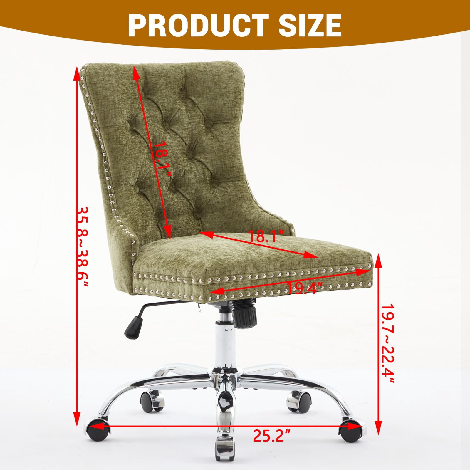 Pawverly Velvet Upholstered Office Chair, Tufted Button Swivel Desk Chair with Adjustable Height, Gold Metal Base & Wheels, Modern Vanity Chair, Green