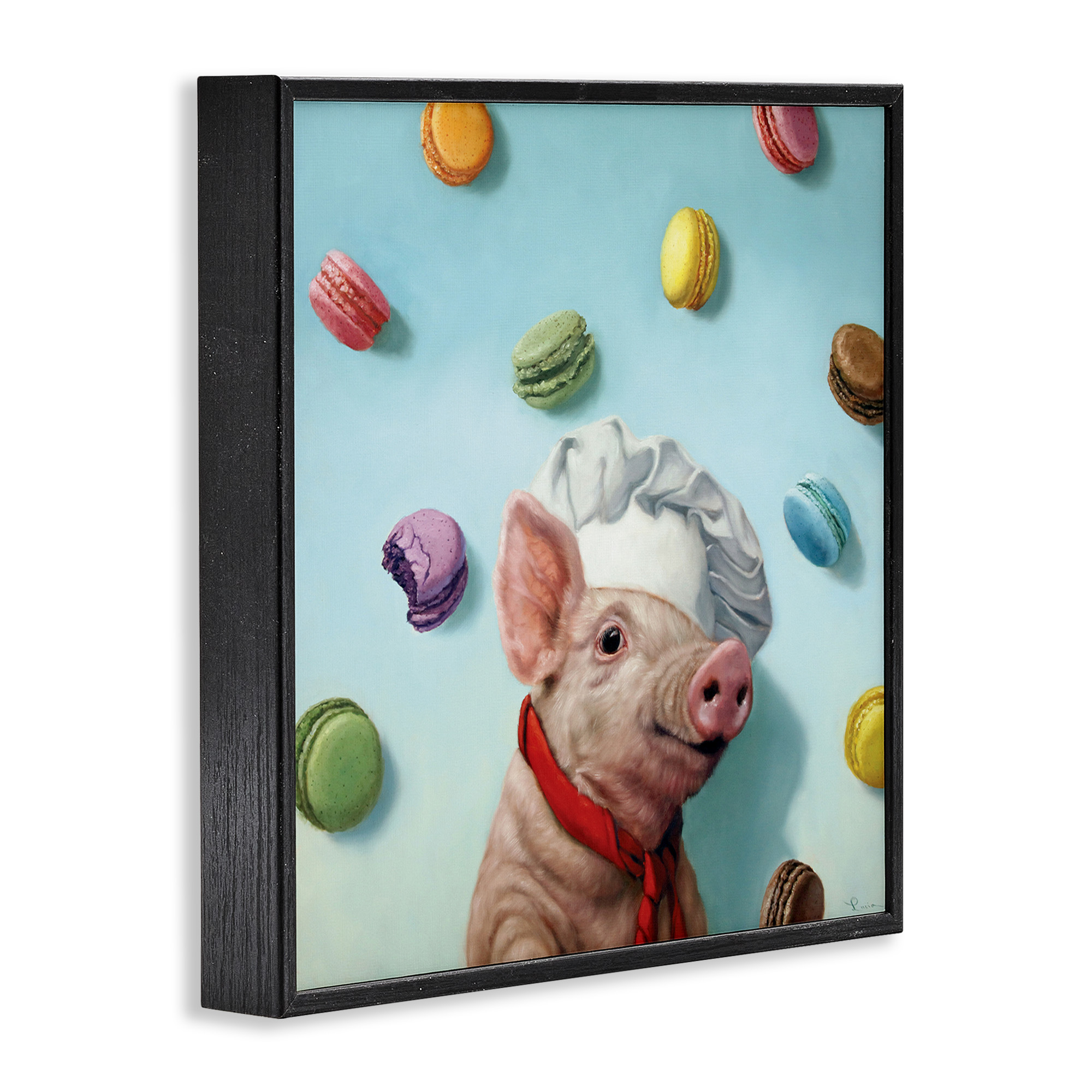 Stupell Industries Pig Chef with Playful Macarons Animals & Insects Painting Black Framed Art Print Wall Art, 17 x 17