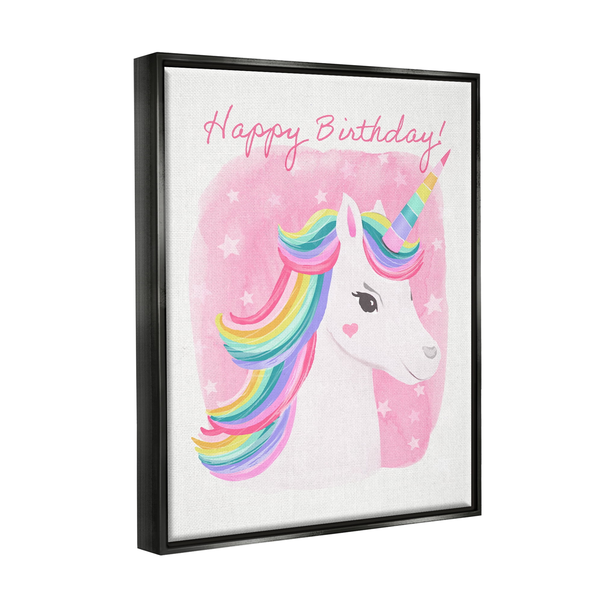Stupell Industries Happy Birthday Unicorn Fairy Tales & Fantasy Painting Black Floater Framed Art Print Wall Art, 17 x 21
