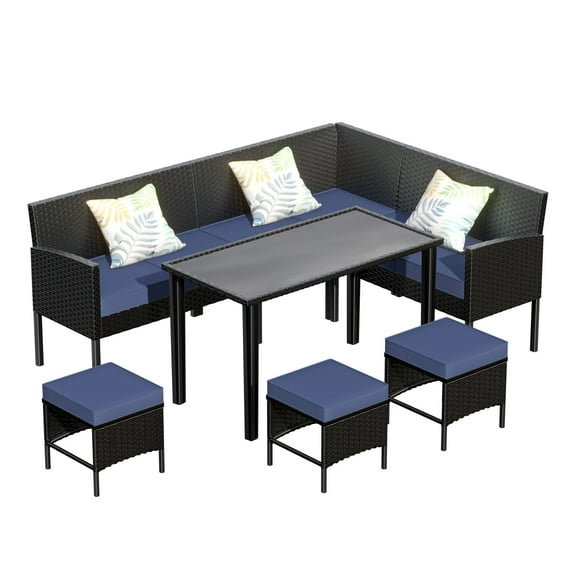 Small Space 7-Pc Outdoor Furniture Set with Waterproof Cushions & Glass Table