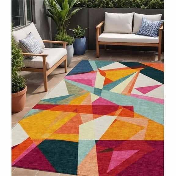 HomeRoots 616695 5 x 8 ft. Ivory Orange & Burgundy Geometric Washable Indoor & Outdoor Rectangle Area Rug