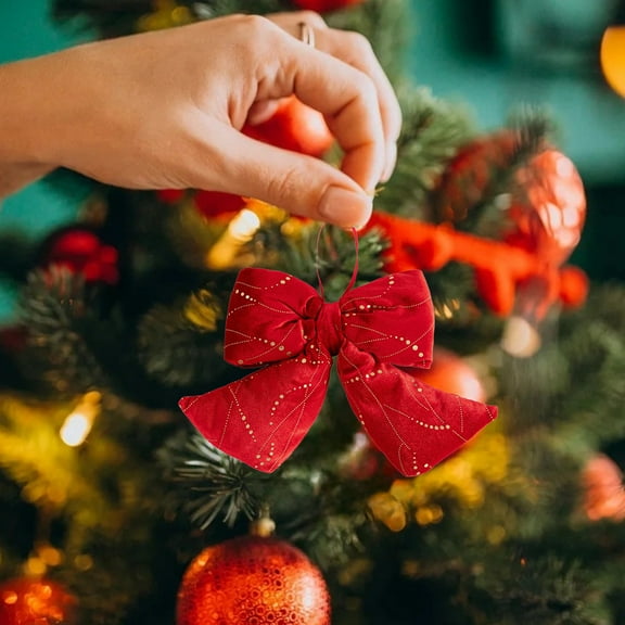 EWASWON Red Velvet Christmas Bow Ornament - Small Flocked Velvet Christmas Tree Decor, Holiday Hanging Xmas Tree Bow Decoration