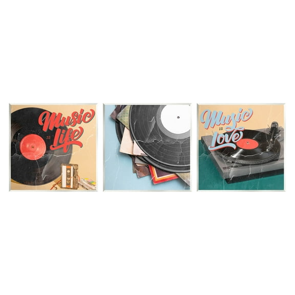 Music Is Love Life Vintage Turntable Inspirational Graphic Art Unframed Art Print Wall Art, Set of 3
