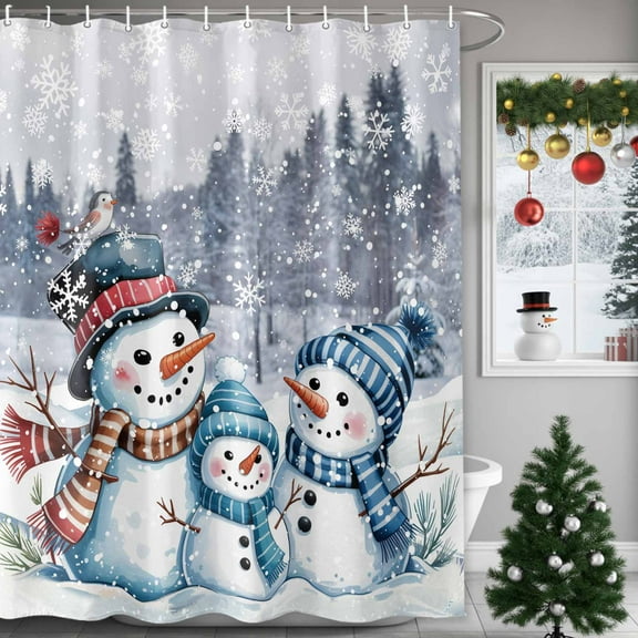 Shower Curtain 54"W x 78"L Winter Snowman Christmas Trees Snowflake Fabric Shower Curtains Set with Hooks Water Repellent Bathroom Curtains Machine Washable Bathroom Accessories