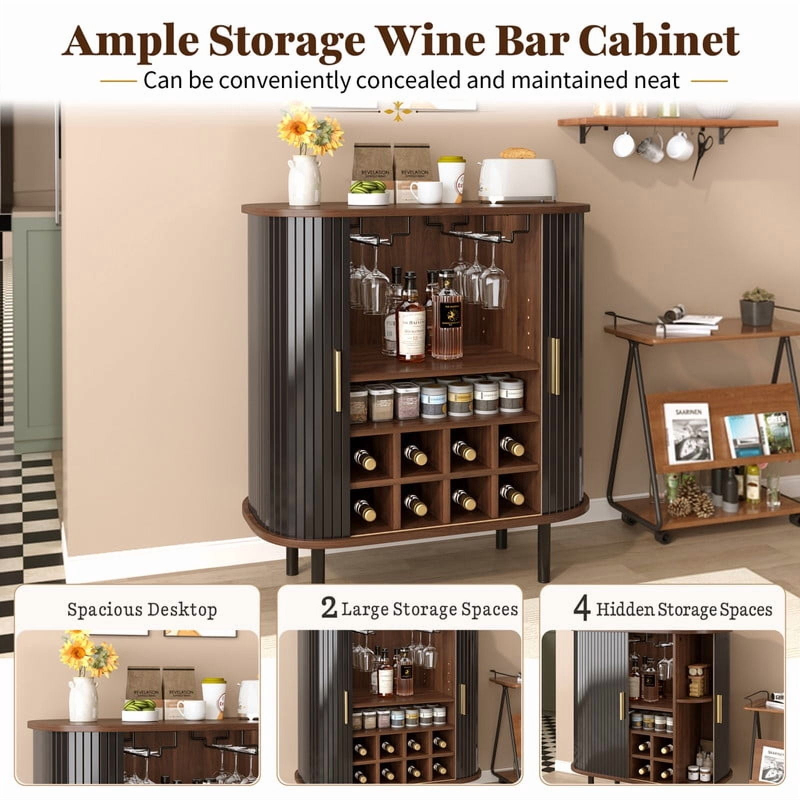 28" Fluted Wine Bar Cabinet – 8-Bottle Wine Rack, 5-Level Adjustable Shelves, 2 Glass Holders, Sliding Tambour Doors, 4 Hidden Side Compartments, Modern Liquor Coffee Station