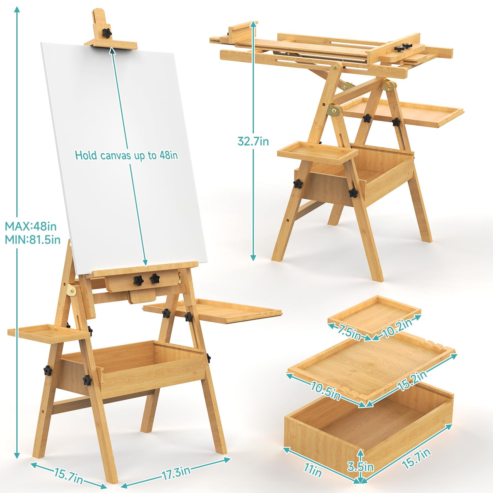 Large Solid Beech Wood Easel for Painting with Storage Drawer and Palette,  Foldable Art Easel with Signature Box for Adults, Holder up to 48''