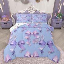 Homewish Cute Ribbon Bowknot 3 Pieces Queen Comforter Set for Teens Adults Female,Pink Purple Ultra Soft Bedding Sets,Dreamy Princess Bedding Comforter Set Breathable,Super Cozy Room Decor