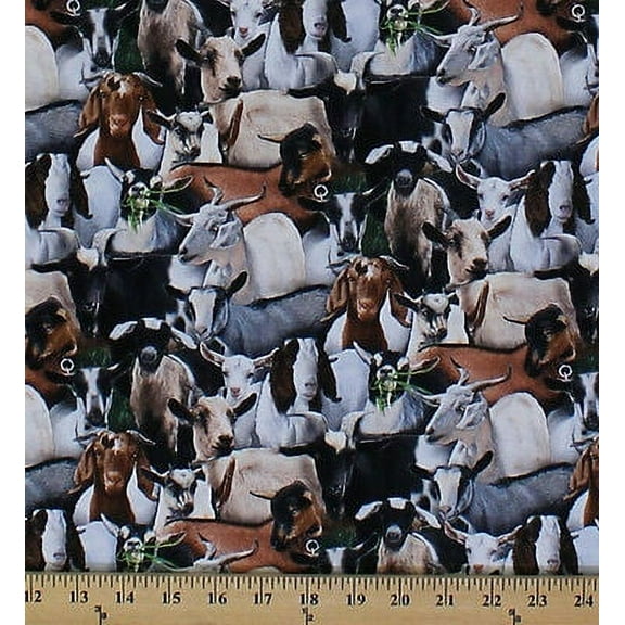 Cotton Farm Animals Goats Packed Allover Cotton Fabric Print by the Yard (434-black)
