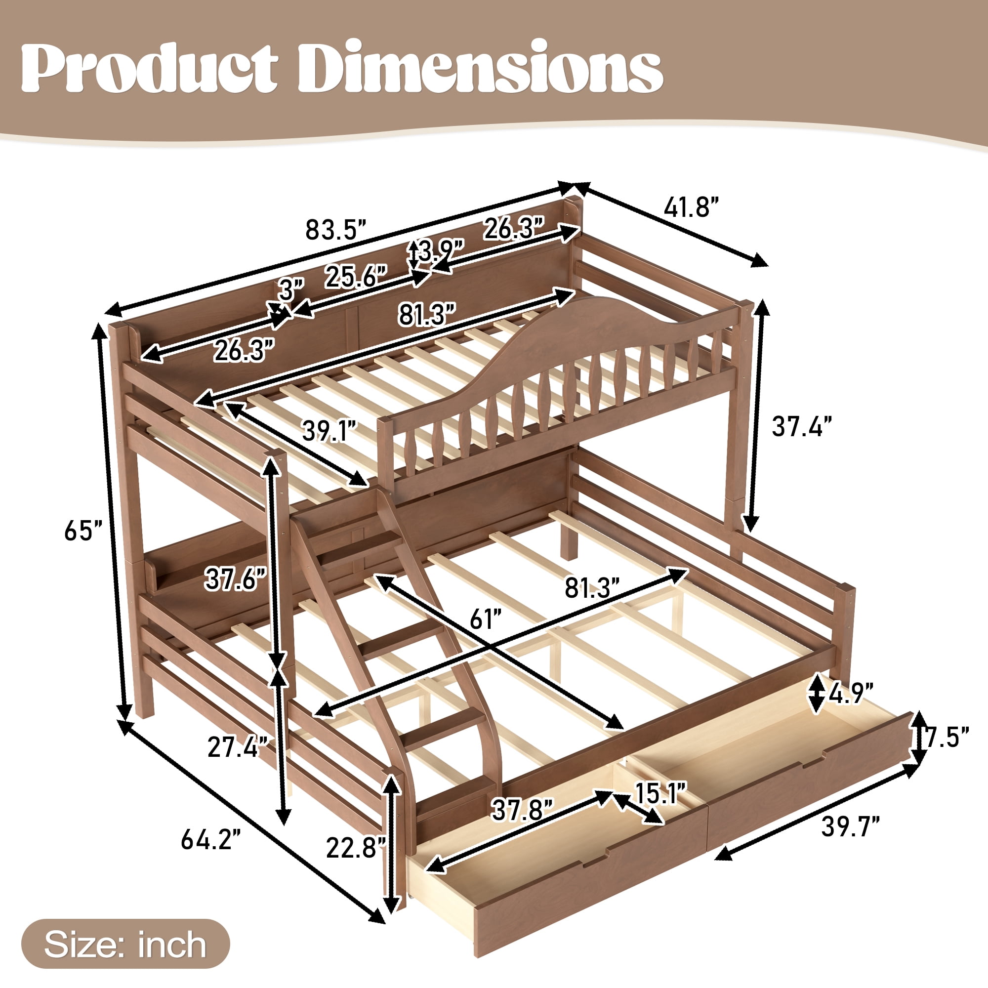 Leumius Twin XL over Queen Bunk Bed with Storage Drawers, Chic Curved Guardrail & Side Storage Shelves, Bunk Bed Frame with Ladder Deep Natural