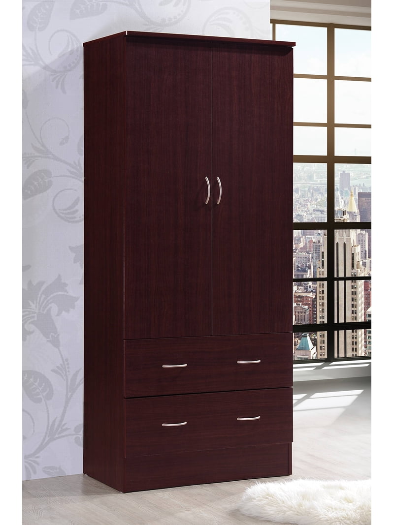 Hodedah Two Door Wardrobe with 2 Drawers and Hanging Rod, Brown Hodedah Two Door Wardrobe with 2 Drawers and Hanging Rod, Brown