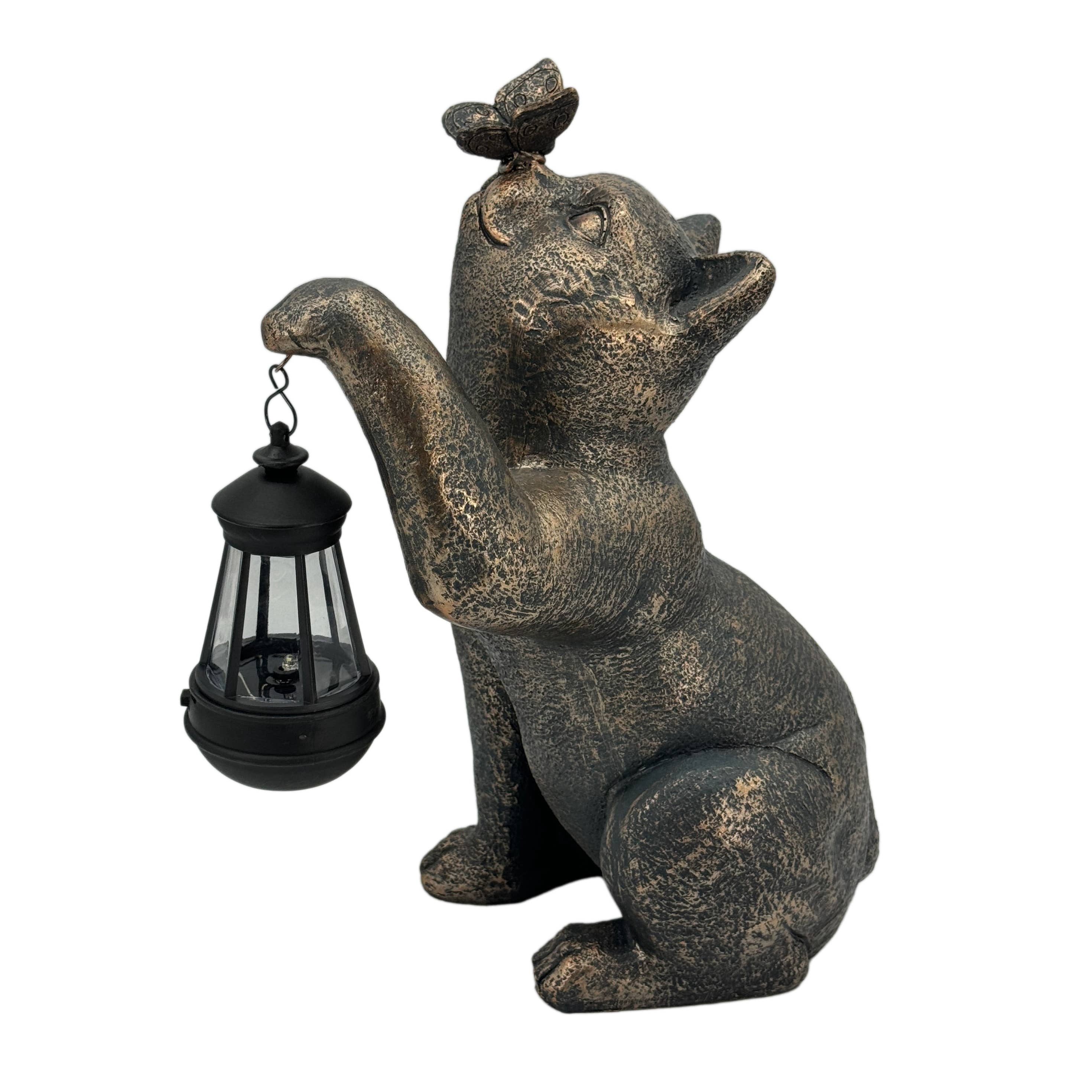 Galt International Solar LED Lantern Kitty Cat & Butterfly Statue