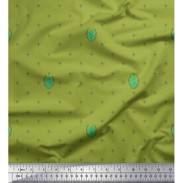 Soimoi Green Poly Georgette Fabric Leaves & Asterisk Symbol Print Sewing Fabric Yard 52 Inch Wide