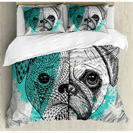 King Size Head Pug King Size Duvet Cover Set, Hand Drawn Head of a Dog Blue Splashed Backdrop Two Different Halves of a Whole, Decorative 3 Piece Bedding Set with 2 Pillow Shams, Blue Black White, by Ambesonne ()