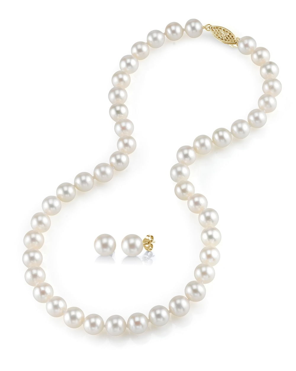 Pearl Necklace and Stud Earrings Set 14k Yellow Gold 8-9mm White Freshwater 