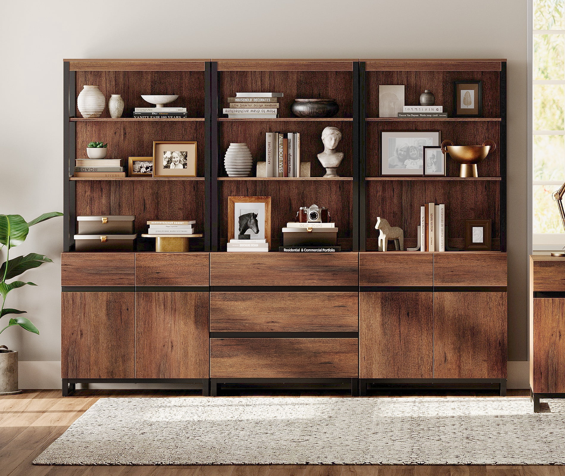WAMPAT 3-Piece Modern 72" Tall Library Bookcase with 3 Drawers & Open Shelving,Freestanding Wood Bookshelf with Storage Cabinet & Adjustable Shelves for Home Office & Living Room, Brown