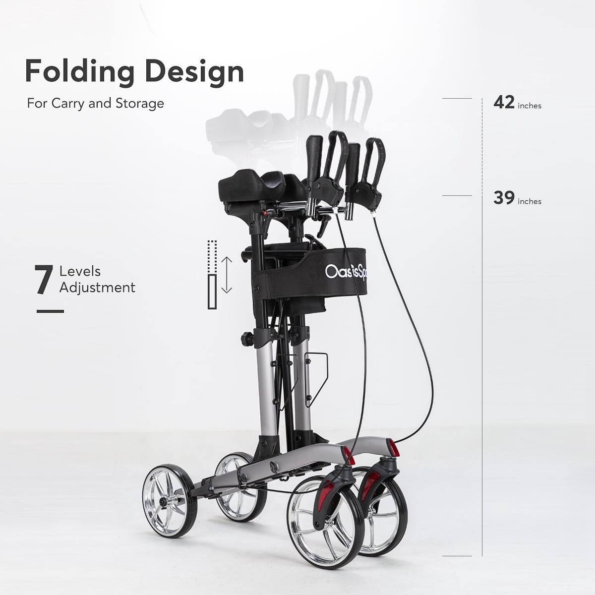 OasisSpace Tall Rollator Walker with 10” Front Wheels with Backrest and Pad Armrest for Senior
