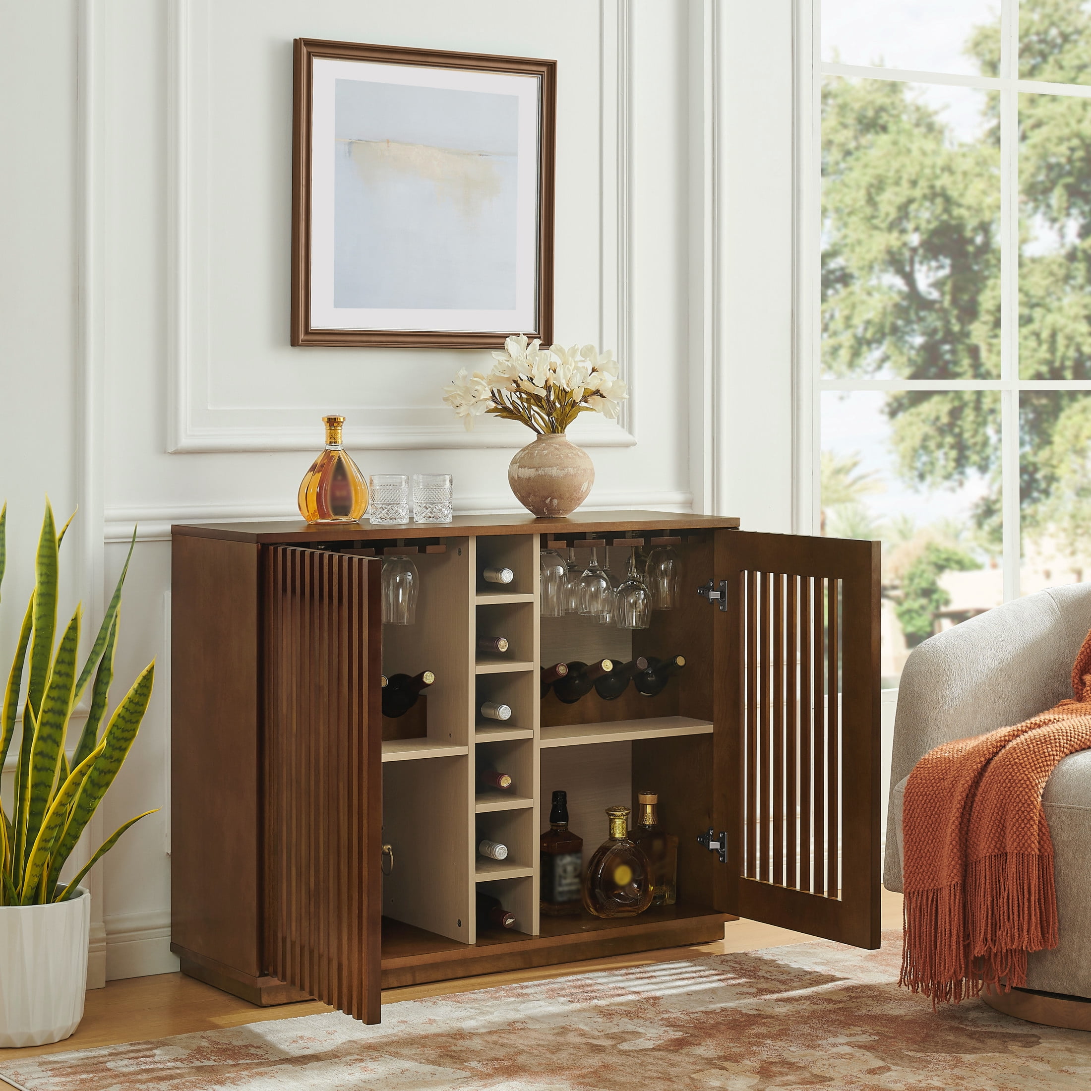 GDF Studio 43.1" Mid Century Modern Fluted Liquor Cabinet with Wine Rack & Glass Holder, Walnut