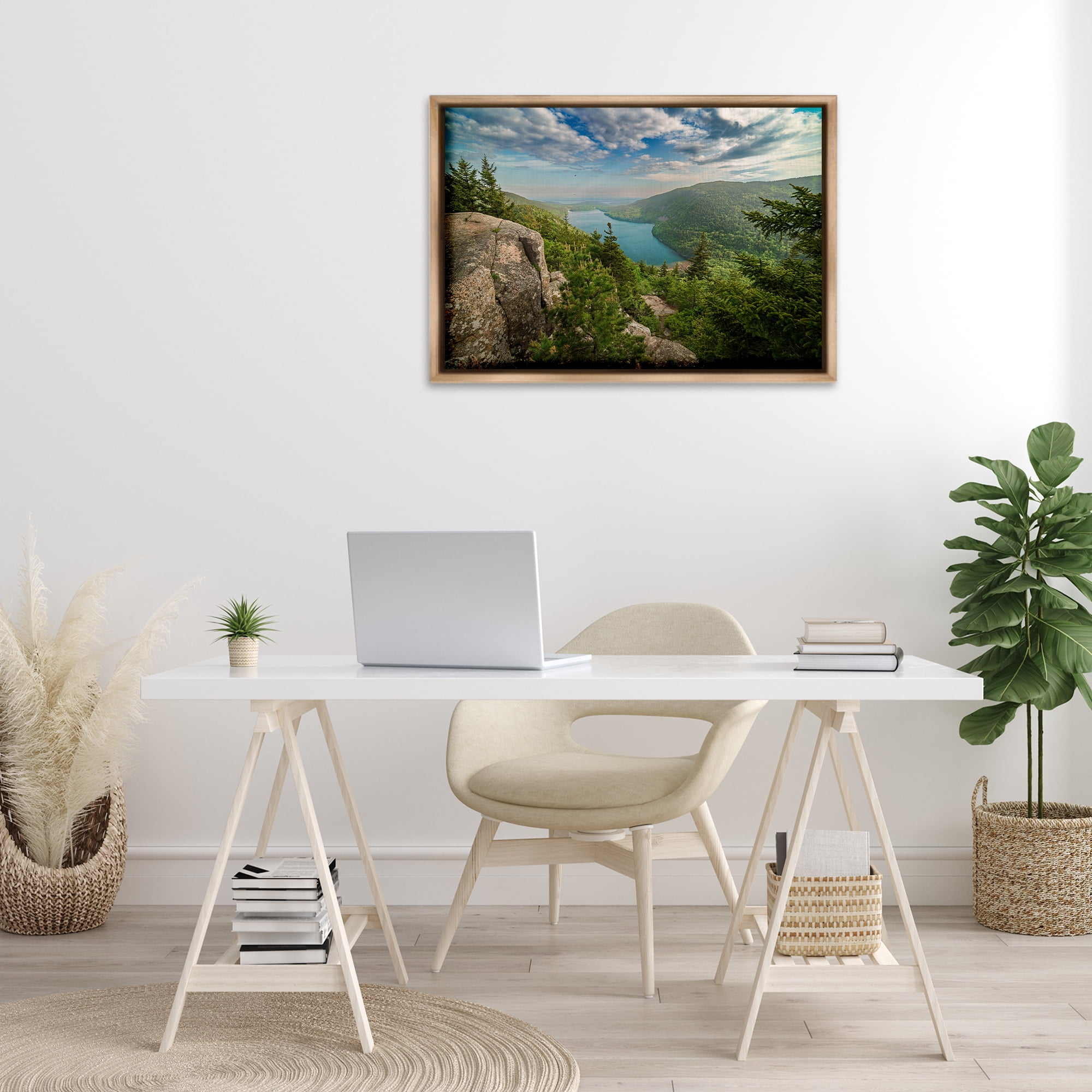 Stupell Industries Lake View Over Mountains Landscape & Nature Photography Brown Floater Framed Canvas Art Print Wall Art, 31 x 21