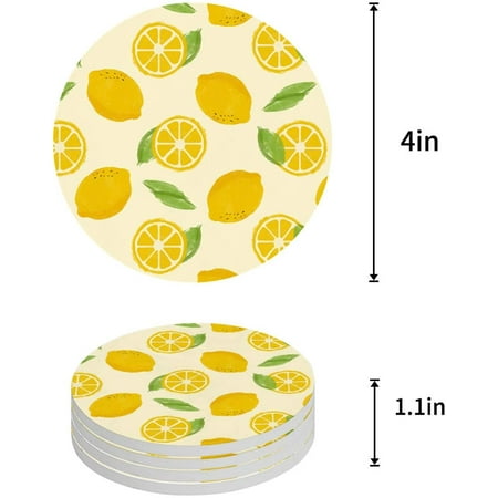 

FMSHPON Lemon Set of 4 Round Coaster for Drinks Absorbent Ceramic Stone Coasters Cup Mat with Cork Base for Home Kitchen Room Coffee Table Bar Decor