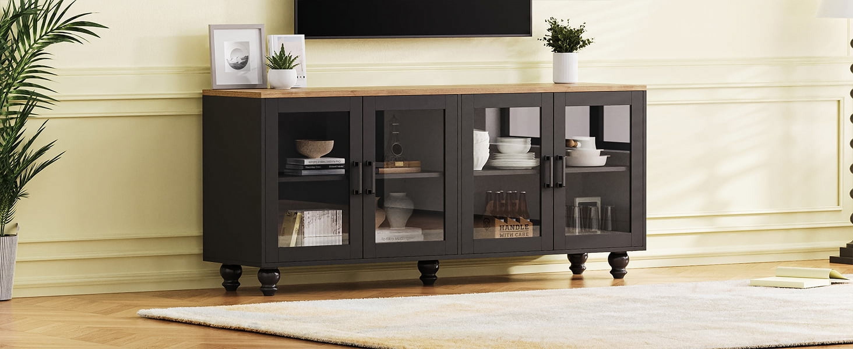 MAYEERTY Farmhouse TV Stand - Tempered Glass Doors, Fits 70" TVs, Versatile Sideboard with Adjustable Shelves