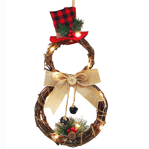 Adorno colgante de corona de Navidad, adornos de corona de muñeco de nieve de Navidad con decoración de luz Led