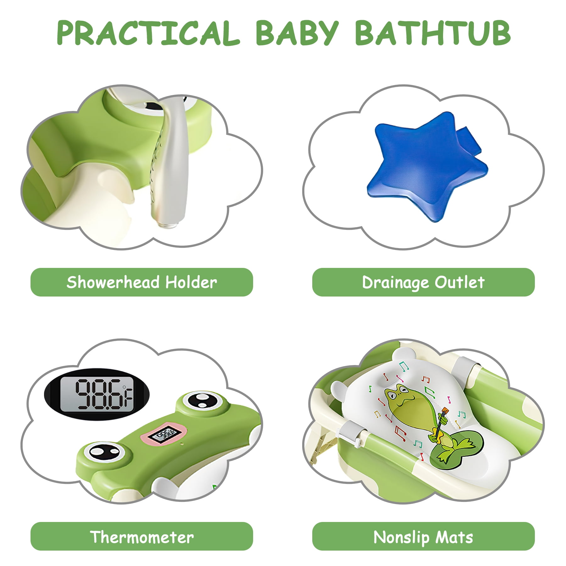 Baby Bathtub, Collapsible Newborn Bathtub for Infant to Toddler 0-12 Months with Soft Cushion+Baby Tub Sling and Thermometer, Portable Travel Bathtub, Foldable Infant Bathtub with No-Slip Feet, Green