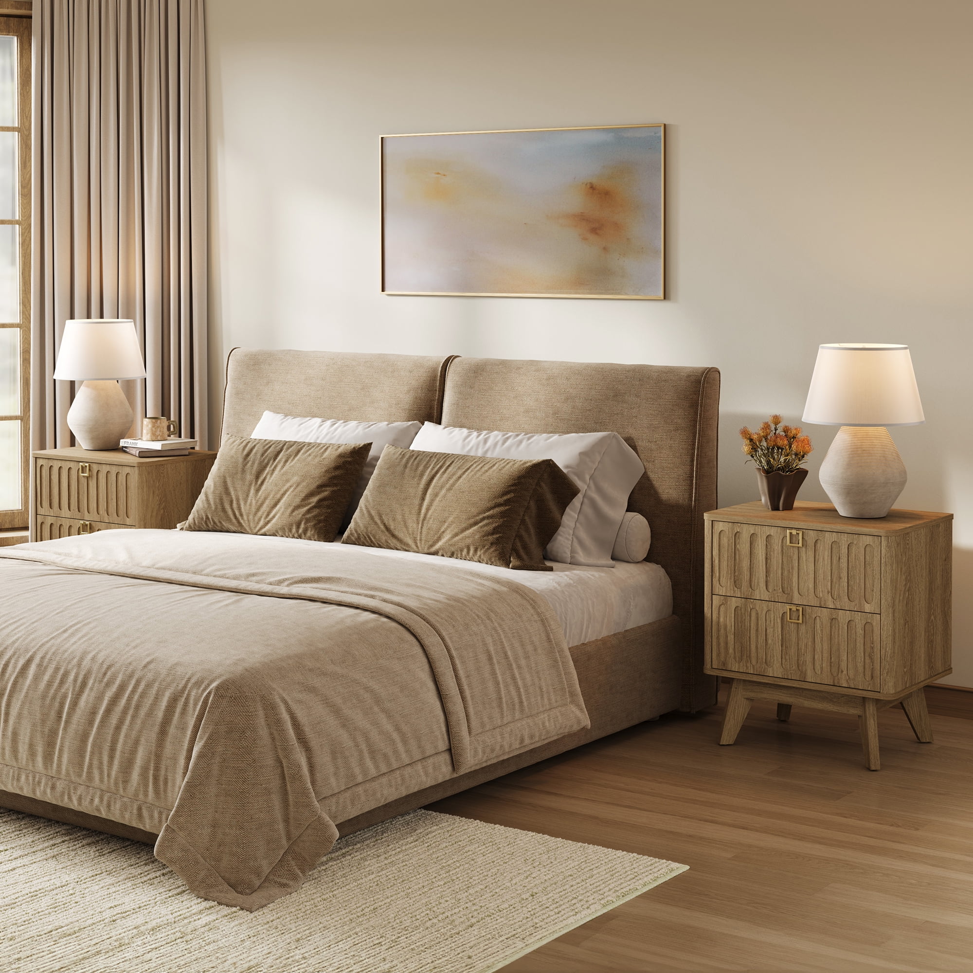SICOTAS 21.02" Wide 2-Drawer Nightstands Set of 2,Nordic Modern Bedside Table with Large Drawers & Elegant Gold Square Handle for Bedroom, Living Room, Entryway -Brown Oak