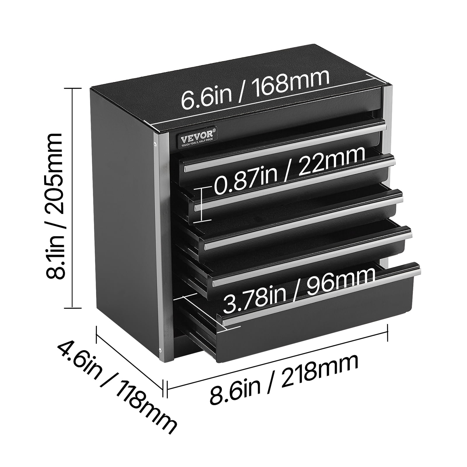 VEVOR Metal Tool Box, 8.6-inch, Portable Metal Tool Box with 5 Drawers, Small Tool Chest with EVA Liners and PP Feet Pads, Heavy-Duty Steel With Ball Bearing Opening and Powder Coated Finish, Black