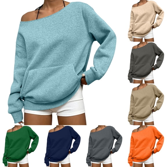 Women's Y2K Slouchy Off Shoulder Sweatshirt Oversized Long Sleeve Lightweight Basic Tunic Tops with Kangaroo Pocket Khaki S