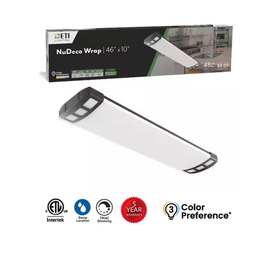 ETI 46”x 10”NuDeco LED Wrap Light with Black Endcaps, 5000 Lumen, 3CCT Color Preference, 120-Volt, C03033401A
