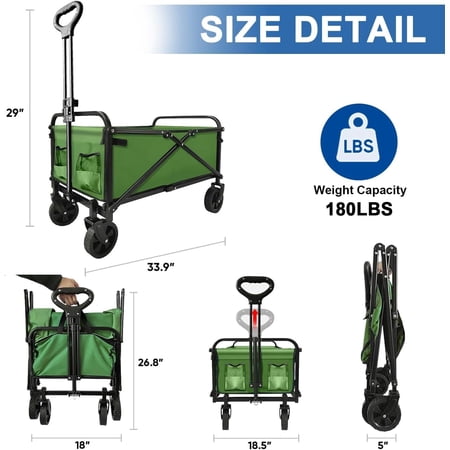 Collapsible Foldable Wagon, Beach Cart Large Capacity, Heavy Duty Folding Wagon Portable, for Outdoor Sports, Shopping, Camping, Green