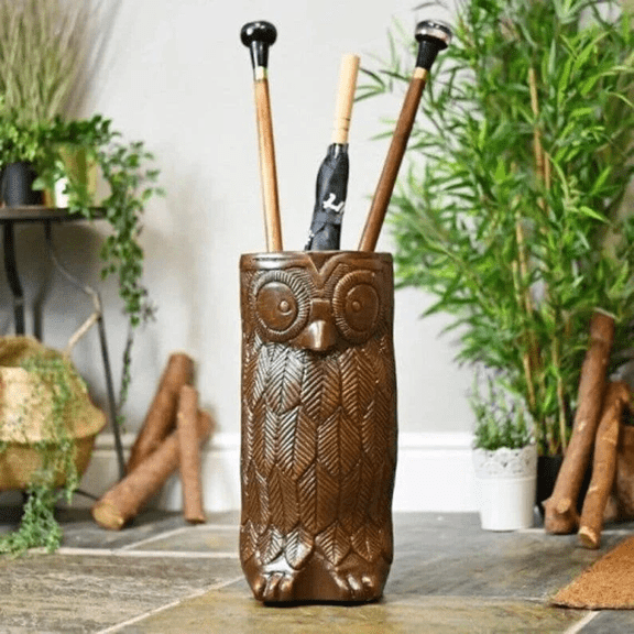 NAUTICALMARTUS Handcarved Walking Cane Stand Wooden Owl Umbrella & Walking stick Stand Home decor Golf Clubs Display Stand Entryway Walking Stick Holder