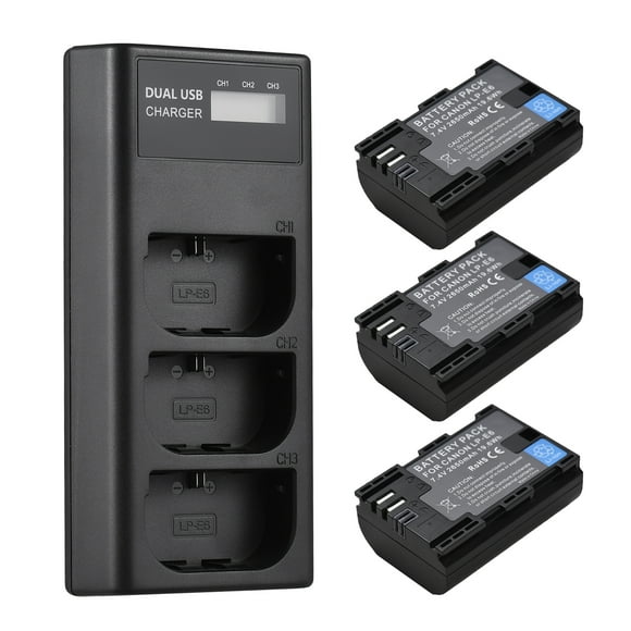 LP-E6 Battery Charger 3-Slot Charger with LED Indicators Micro USB & Type C Port +