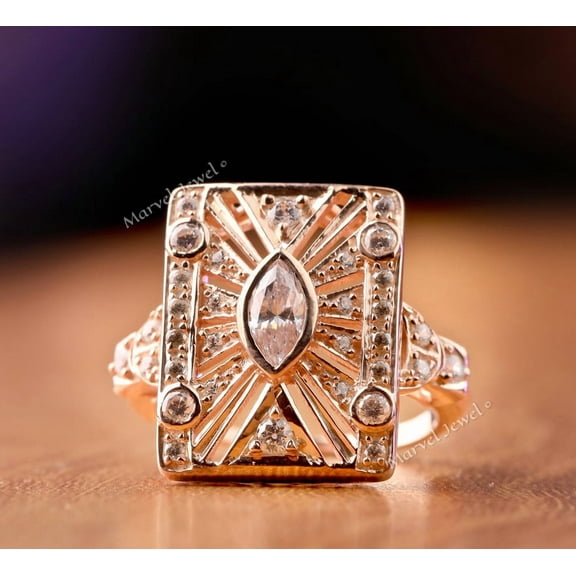 Bezel Set Diamond Engagement Ring, Marquise Cut Diamond Wedding Ring, Rectangle Shape Ring, Women's Cocktail Dome Ring, 2.2 Ct Simulated Diamond, 14K Rose Gold Plated