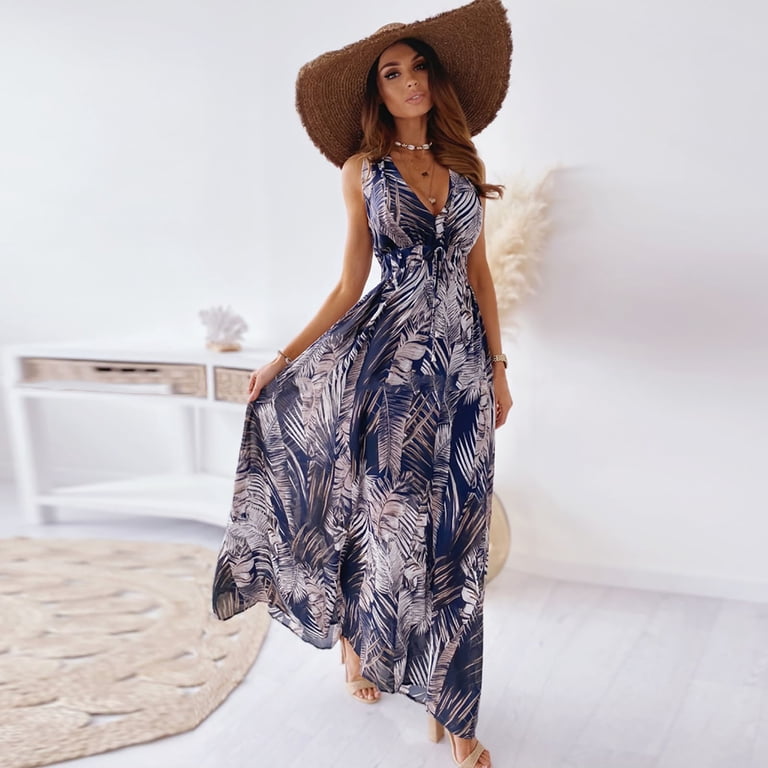 IROINNID A-Line Dress For Women Sleeveless Print Open Back Casual Gorgeous  Halter Mid-Calf Long Dress V-Neck Full-Length Dress - Walmart.com