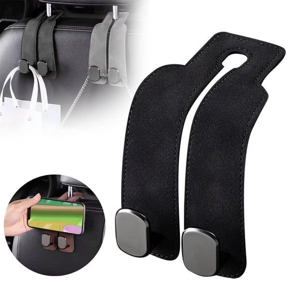Leather Car Seat Headrest Double Car Hooks Organizer | Durable Leather & Metal Bag Holder | Car Seat Back Phone Mount | Space Saving Car Purse Holder for Wallets Bags 1Pack | Fits Most Vehicles